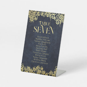 Signe De Table Mariage D'Hiver Bleu Et Or Fleuri