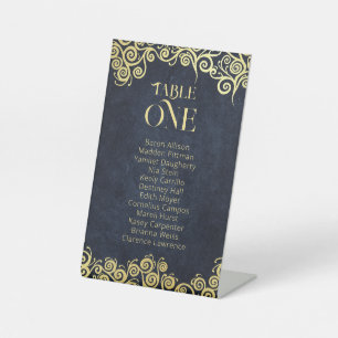 Signe De Table Mariage D'Hiver Bleu Et Or Fleuri