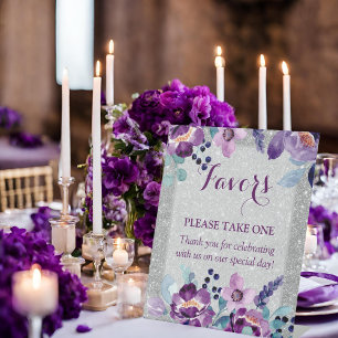 Signe De Table Mariage Fleurie Aquarelle Violette et Paillettes d