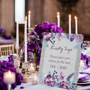 Signe De Table Mariage Fleurie Aquarelle Violette et Paillettes d