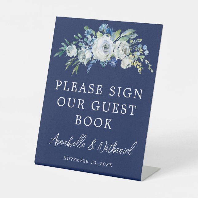 Signe De Table Mariage floral bleu marine Livre d'invité (Recto)