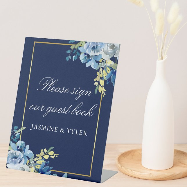 Signe De Table Mariage floral bleu marine Livre d'invité (Créateur téléchargé)