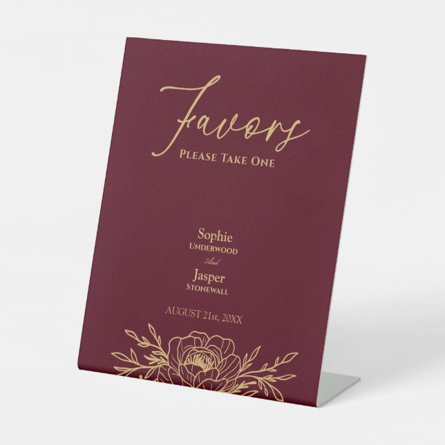 Signe De Table Mariage Floral Or Bourgogne Faveurs (Recto)