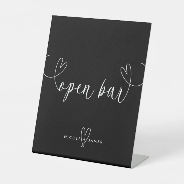 Signe De Table Mariage Noir & Blanc Modern Hearts Open Bar (Recto)