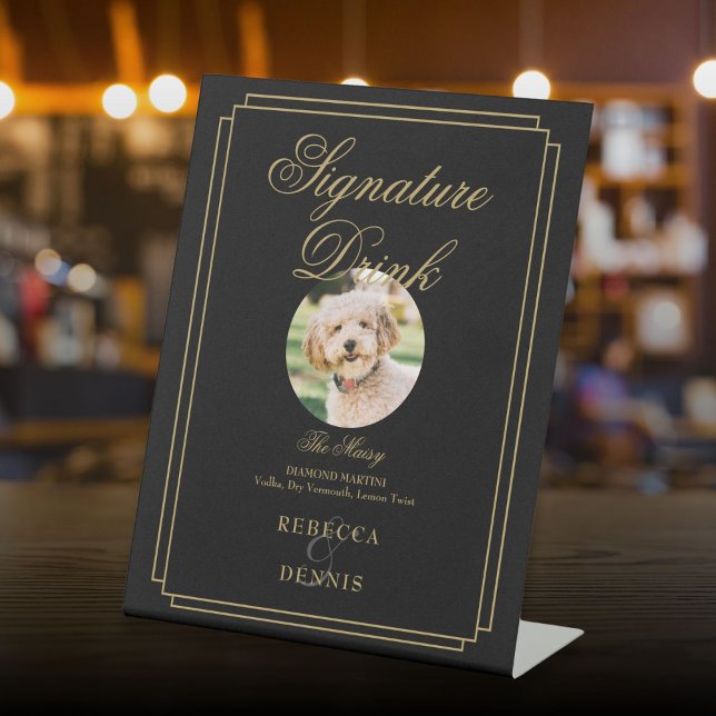 Signe De Table Mariage Noir Et Or Signature Animaux De Compagnie  (Black And Gold Wedding Pet Signature Drink Pedestal Sign)