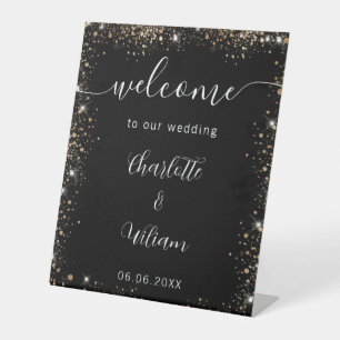 Signe De Table Mariage noir or parties scintillant noms script bi