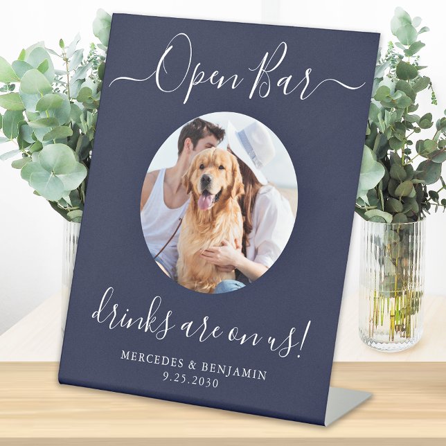 Signe De Table Mariage Open Bar Custom Pet Dog Photo Marine Blue (Créateur téléchargé)