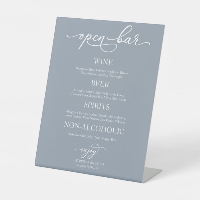 Signe De Table Mariage Open Bar élégant Dusty Blue Sign (Recto)