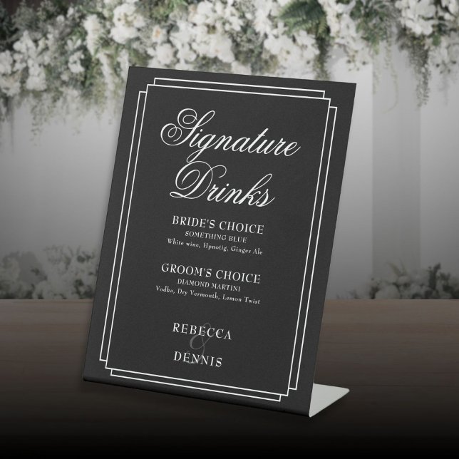 Signe De Table Mariage Signature Art Déco Noir Et Blanc Boissons (Black And White Art Deco Wedding Signature Drinks Pedestal Sign)