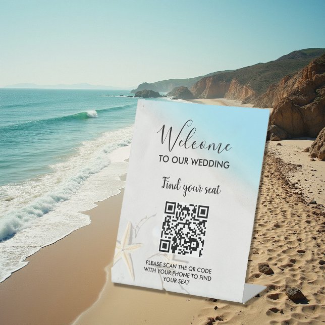 Signe De Table Mariage tropical sur la plage (Tropical ocean beach wedding pedestal sign. You can scan the QR code to find your seat.)