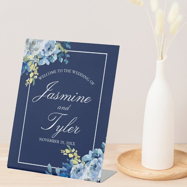 Signe De Table Marine Bleu Blanc Floral Élégant Mariage de bienve (Créateur téléchargé)
