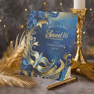 Signe De Table Masquerade Sweet 16 Welcome Blue Gold ID1032