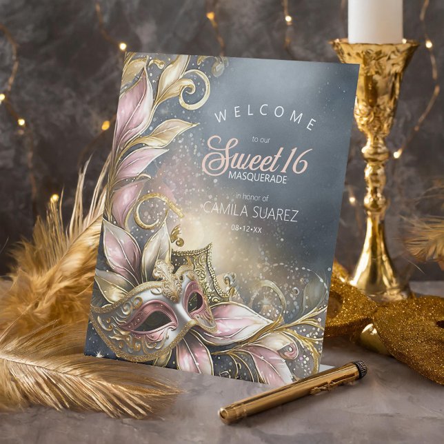Signe De Table Masquerade Sweet 16 Welcome Rose Gold ID1032 (Créateur téléchargé)