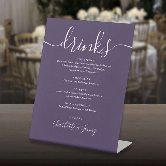 Signe De Table Menu Boissons Mariage de script de signature viole (Purple Signature Script Wedding Drinks Menu Pedestal Sign)