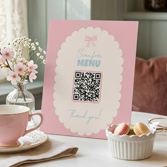 Signe De Table Menu Code QR Coquette Rose Pâle Affichage Café (Créateur téléchargé)