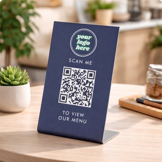 Signe De Table Menu Code QR | Logo  Navy Moderne Sans Contact (QR Code Black Menu Logo Contactless Modern Cafe Pedestal Sign)