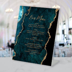 Signe De Table Menu de bar de mariage en agate bleu sarcelle or