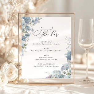 Signe De Table Menu de bar de mariage floral aquarelle bleu pouss