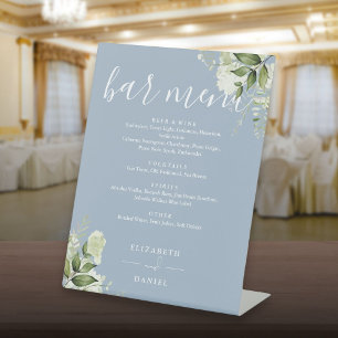 Signe De Table Menu de bar de mariage floral verdoyant bleu pouss