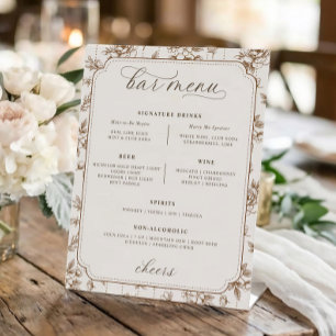 Signe De Table Menu de bar mariage floral toile marron crème