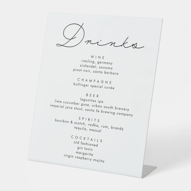 Signe De Table Menu de boissons Mariage de script de calligraphie (Recto)