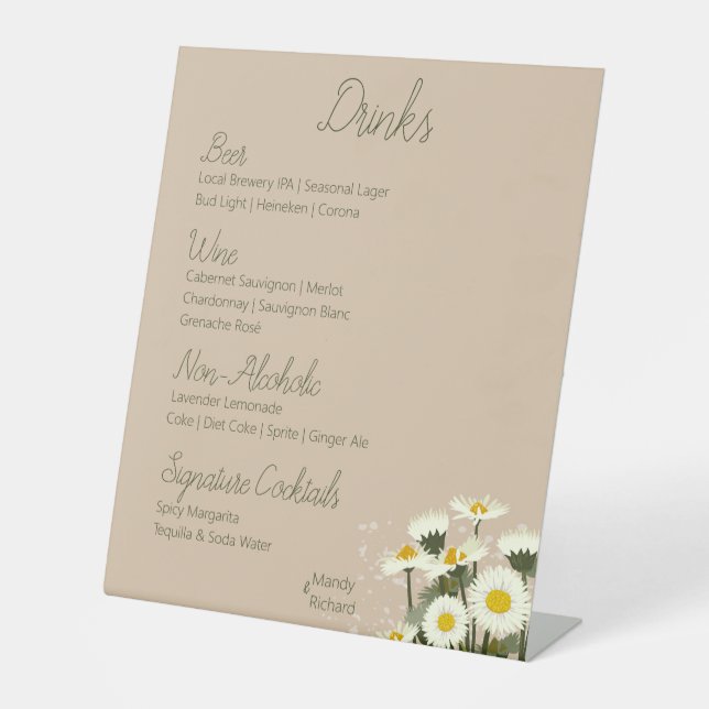 Signe De Table Menu de boissons minimes aux fleurs de marguerite  (Recto)