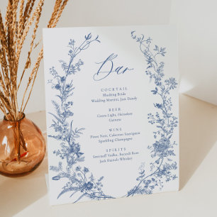 Signe De Table Menu de la barre de boissons Mariage Floral bleu