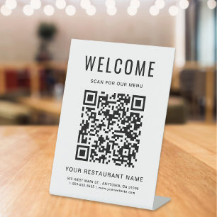 Signe De Table Menu de restaurant moderne avec code QR sur présen