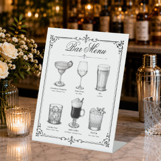 Signe De Table Menu du bar à cocktails Calligraphie classique Vin