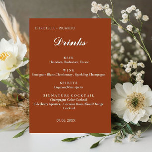 Signe De Table Menu du bar mariage orange en terre cuite, boisson