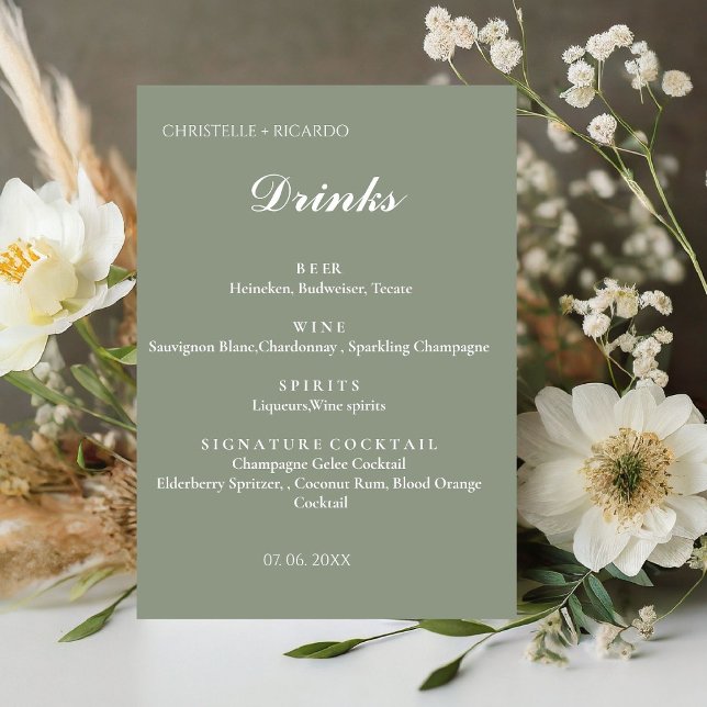 Signe De Table Menu du bar mariage vert Sage, boisson mariage (Créateur téléchargé)