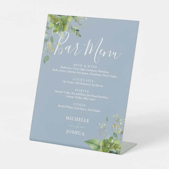 Signe De Table Menu du Mariage Floral Dusty Blue (Recto)