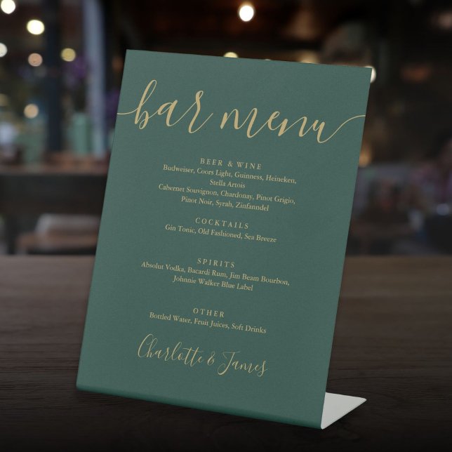 Signe De Table Menu Emerald Green And Gold Script Mariage Bar (Emerald Green And Gold Script Wedding Bar Menu Pedestal Sign)