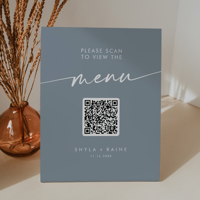Signe De Table Menu Mariage Boho Chic Dusty Blue QR Code (Créateur téléchargé)