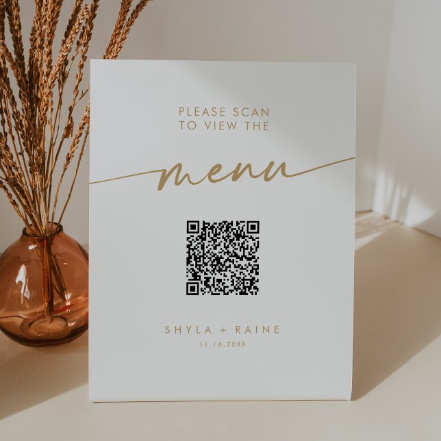 Signe De Table Menu Mariage Boho Chic Gold et White QR Code (Créateur téléchargé)