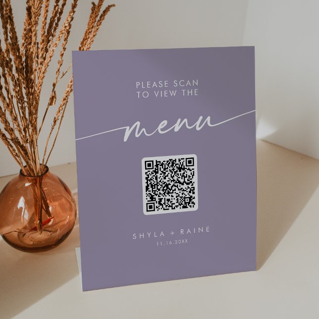 Signe De Table Menu Mariage Boho Chic Lavender Purple QR Code (Créateur téléchargé)