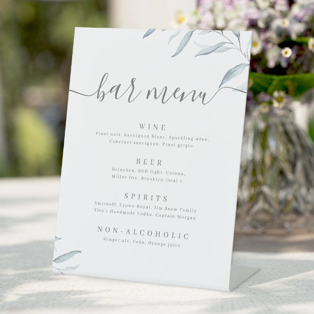 Signe De Table Menu minimal vert bleu poussiéreux script rustique (Minimal dusty blue greenery script rustic Bar Menu Pedestal Sign)