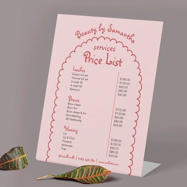 Signe De Table Menu Retro Rose Rouge Whimsical Arch Girly Prix (Trendy pink & red whimsical hand drawn price list pedestal sign)