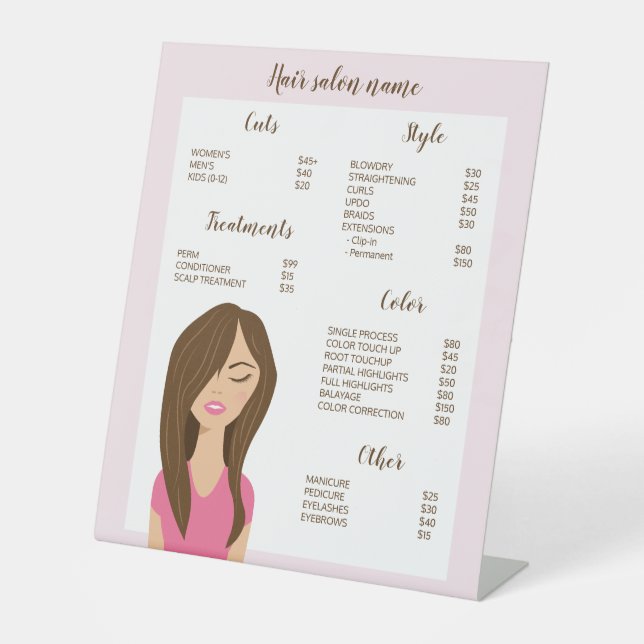Signe De Table Menu Salon des cheveux Brown Dessin personnalisé (Recto)