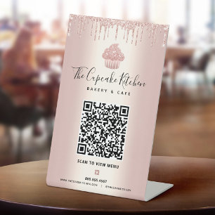 Signe De Table Menu Scan Code QR Cupcake Pailleté Rose Gold Baker