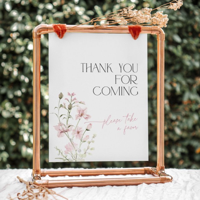 Signe De Table Merci floral rose pour les futurs favoris (Love is in Bloom thank you for coming favors sign with blush pink wildflowers)