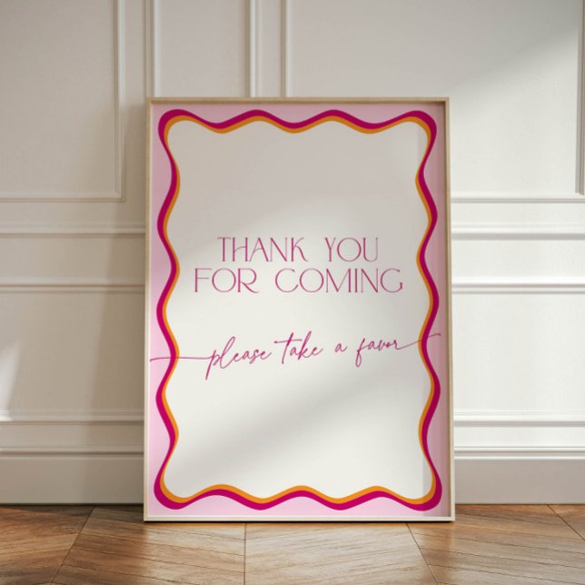 Signe De Table Merci frontalier rose et orange ondulé pour venir (Retro pink and orange wavy border thank you for coming sign, please take a favor)