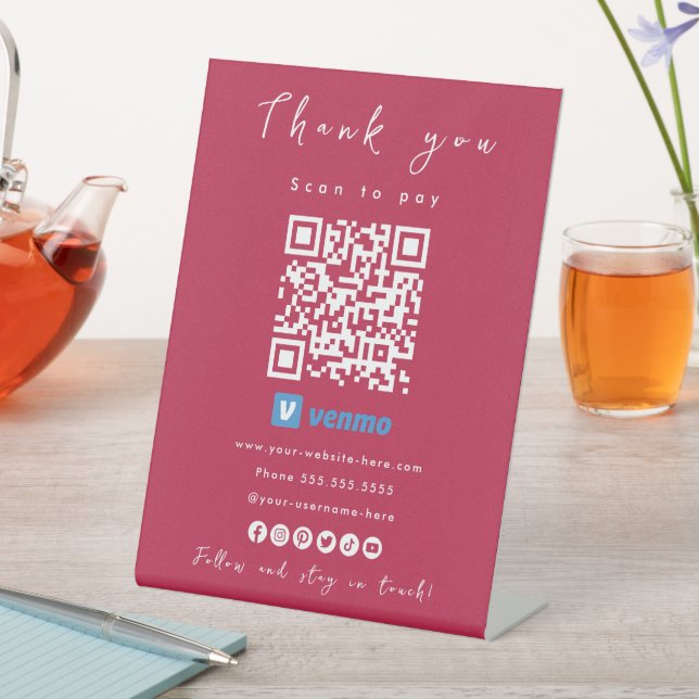 Signe De Table Merci Venmo QR Code Scan pour payer rose chaud (In SItu)