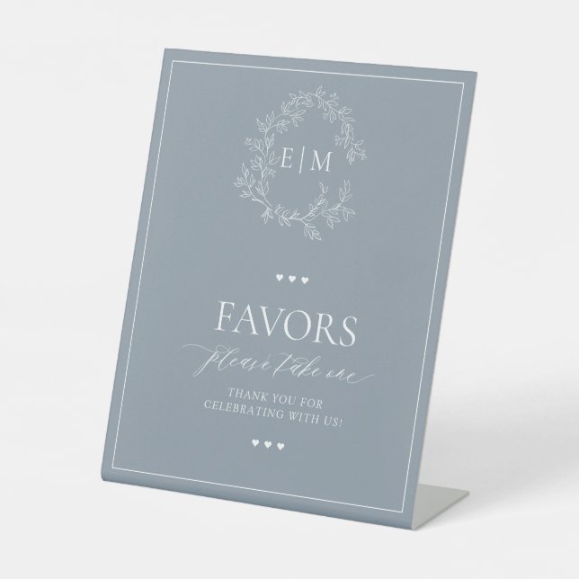 Signe De Table Monogramme bleu Dusty Crest Leafy Faveurs (Recto)
