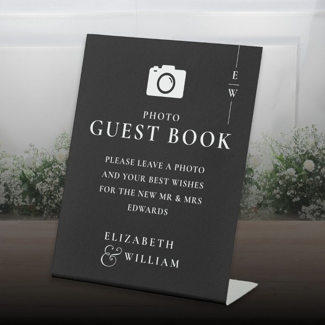 Signe De Table Monogramme noir et blanc Photo Mariage du livre d' (Black And White Monogram Photo Guest Book Wedding Pedestal Sign)