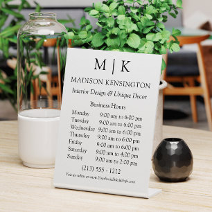 Signe De Table Monogramme ou ajouter un logo Heures d'ouverture