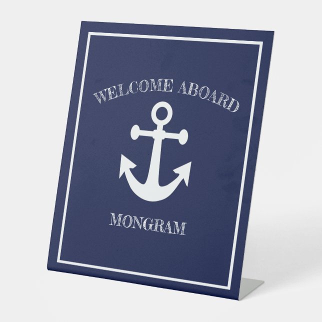 Signe De Table Nautical Navy Blue Welcome Aboard Nom du bateau An (Recto)