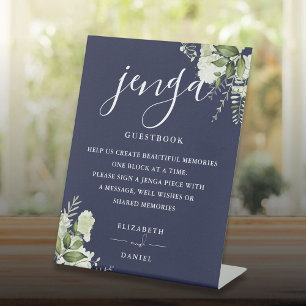 Signe De Table Navy Blue Floral Greenery Jenga Mariage Livre d'or
