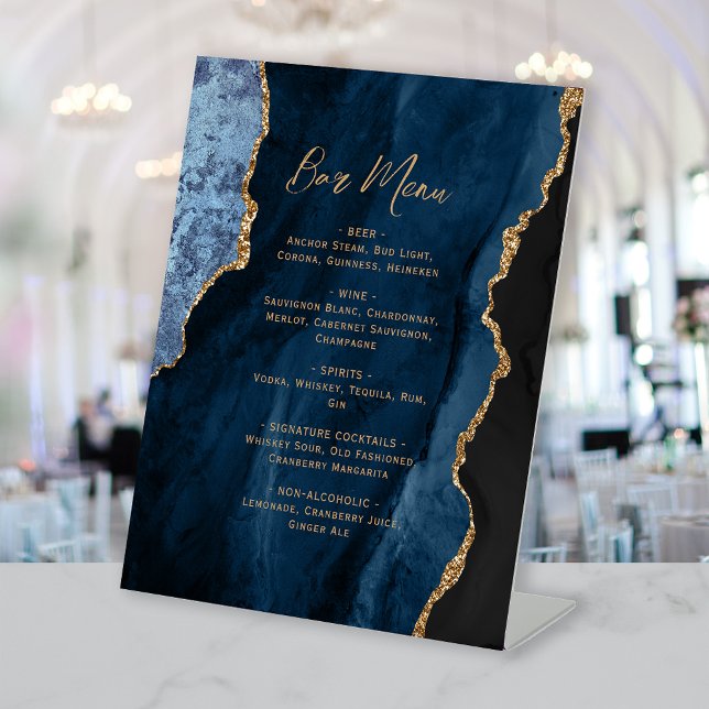 Signe De Table Navy Blue Gold Agate Wedding Bar Menu (Créateur téléchargé)