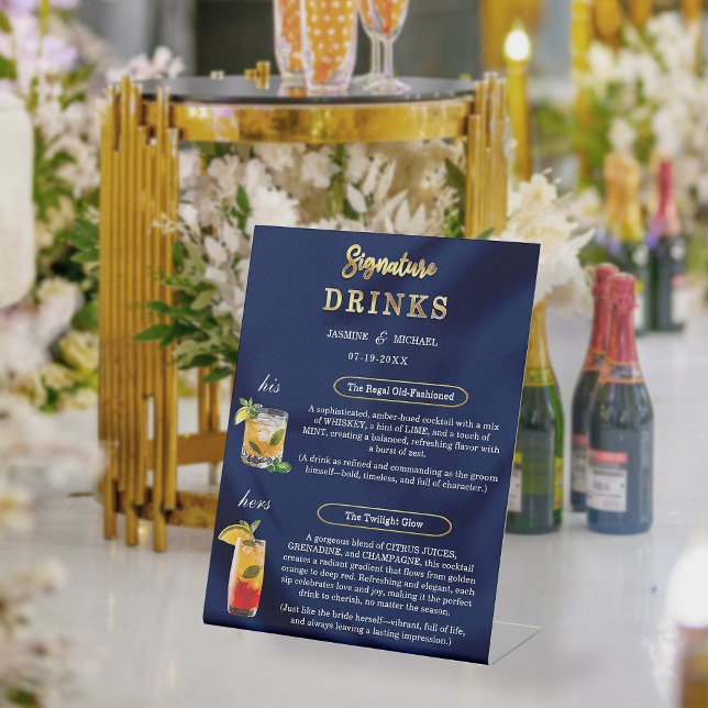 Signe De Table Navy Blue & Gold Simple Wedding Signature Drinks  (Créateur téléchargé)